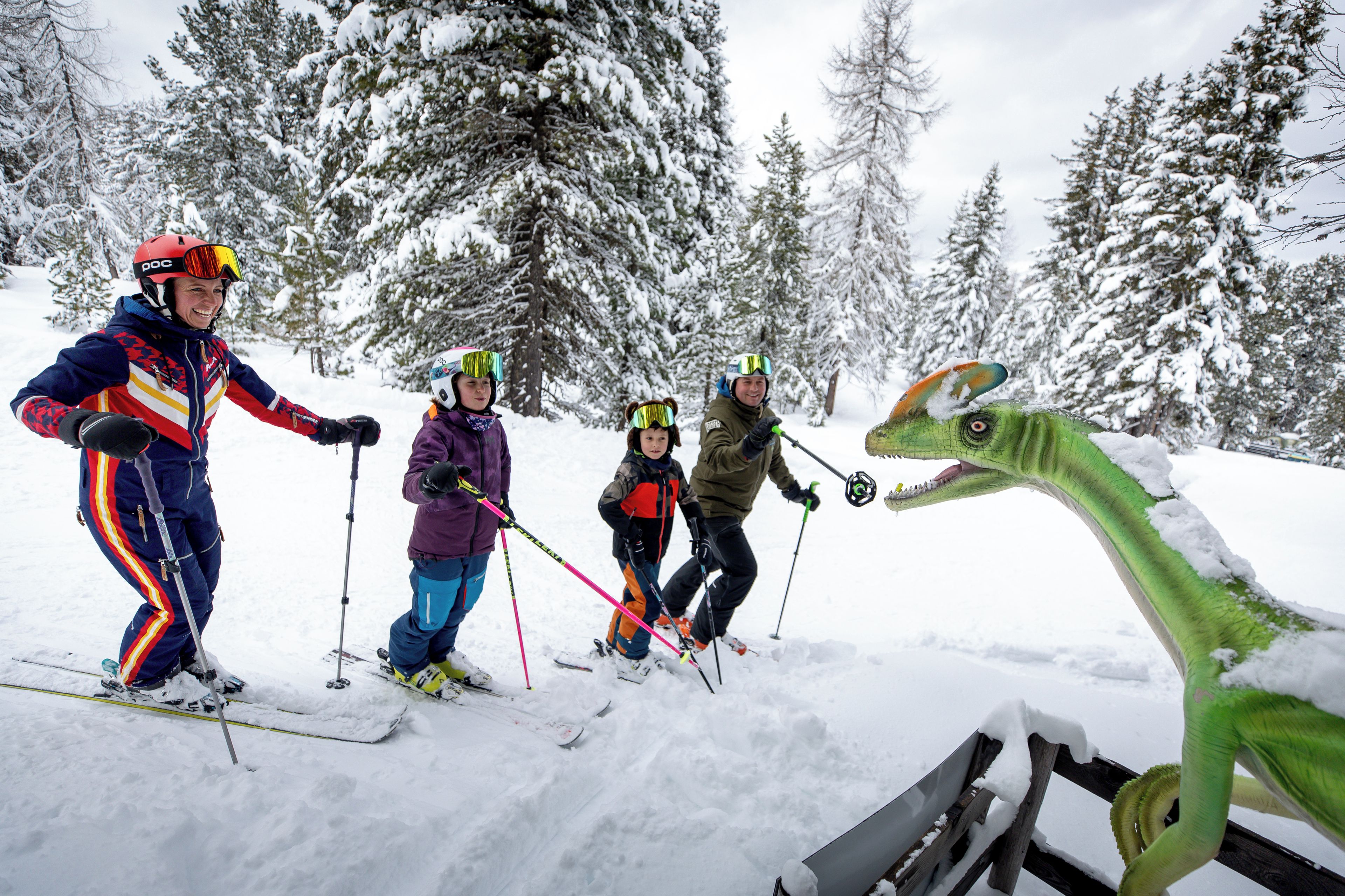 A group of people skiing in a snowy forest.