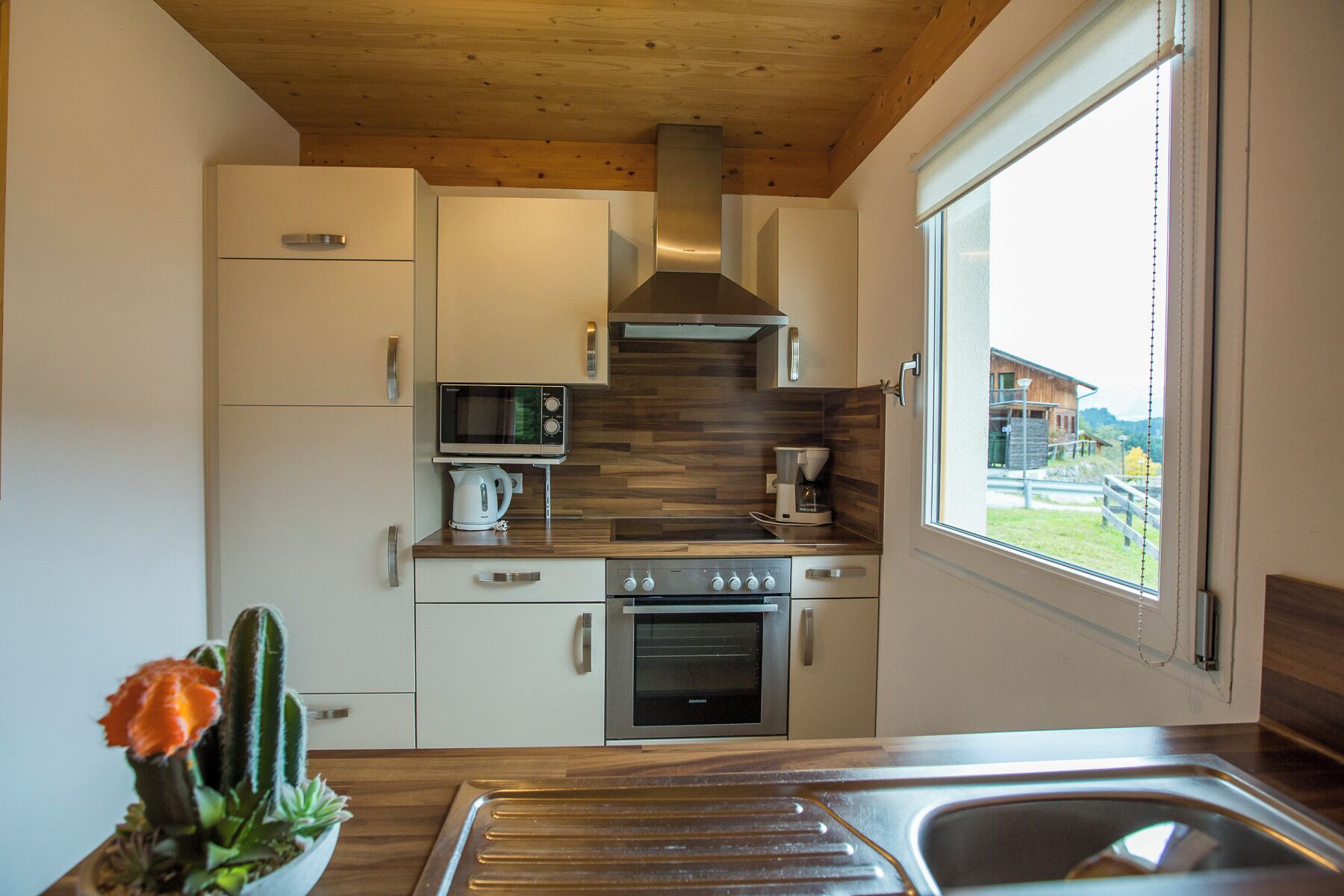 A modern kitchen with a wooden ceiling, built-in appliances, and a view of a house through a large window.