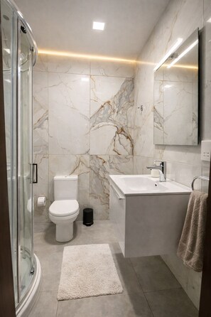 Dusche, Haartrockner, Handtücher, Seife