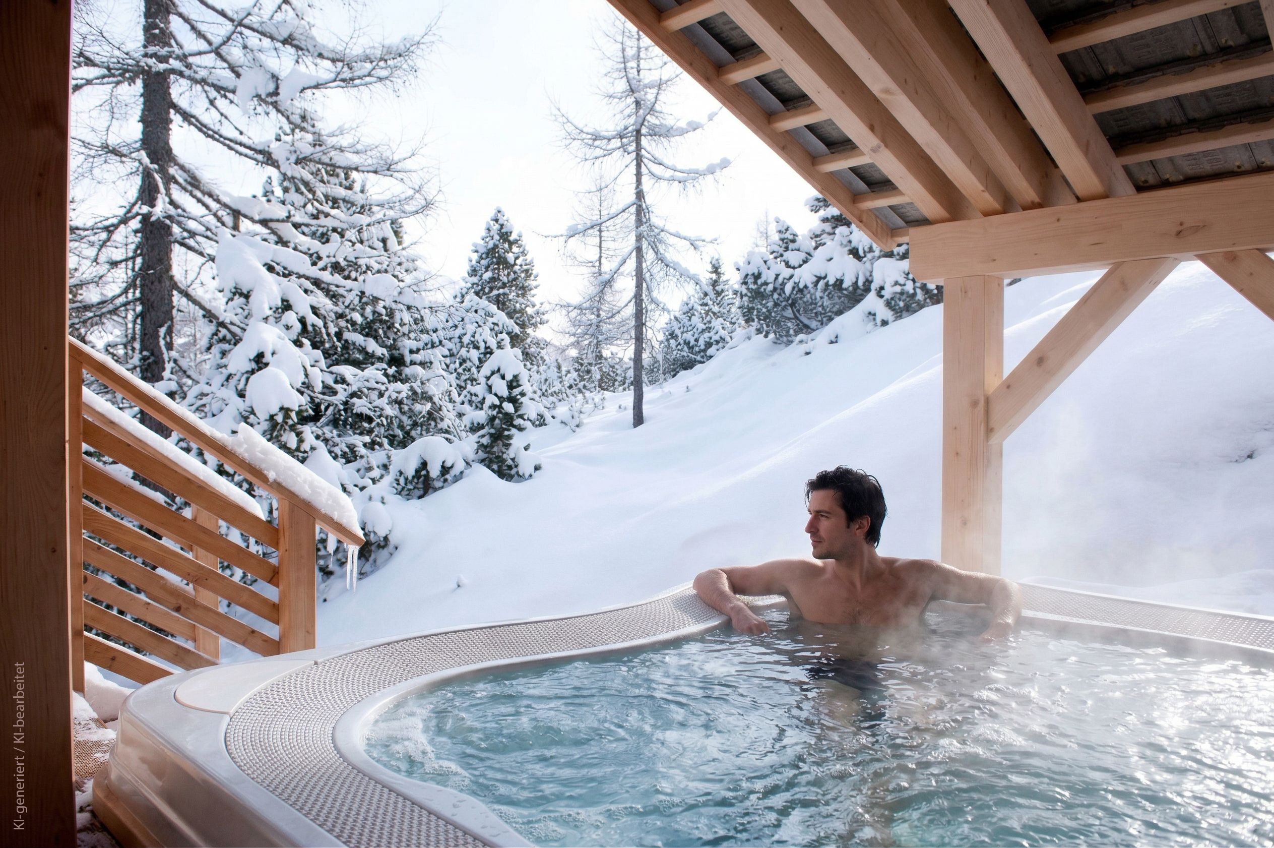 A person relaxing in a hot tub with a snowy mountainous backdrop.