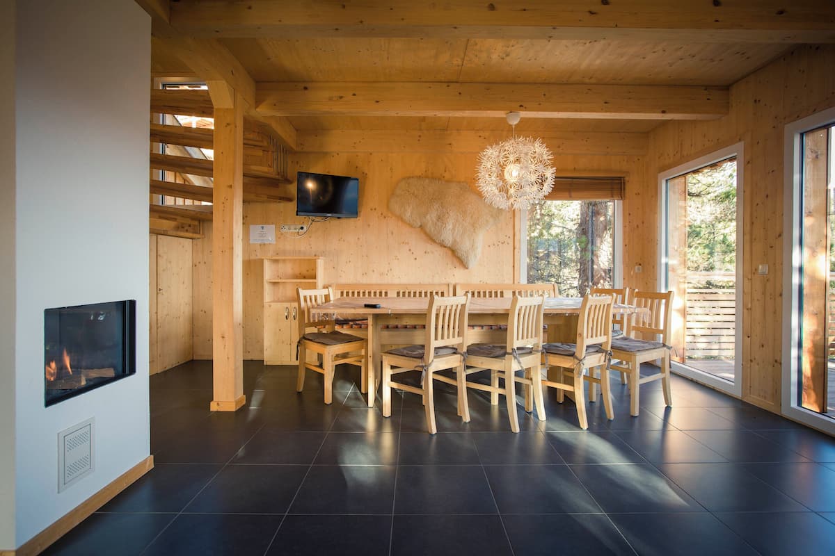 A wooden interior with a dining table, chairs, a fireplace, and a television.
