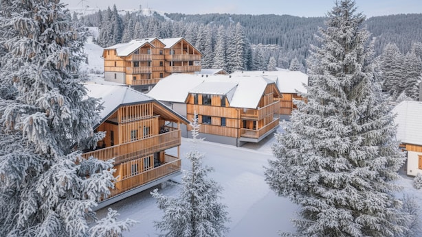 A snow-covered lodge with multiple wooden buildings, surrounded by snow-laden trees and a mountainous backdrop.