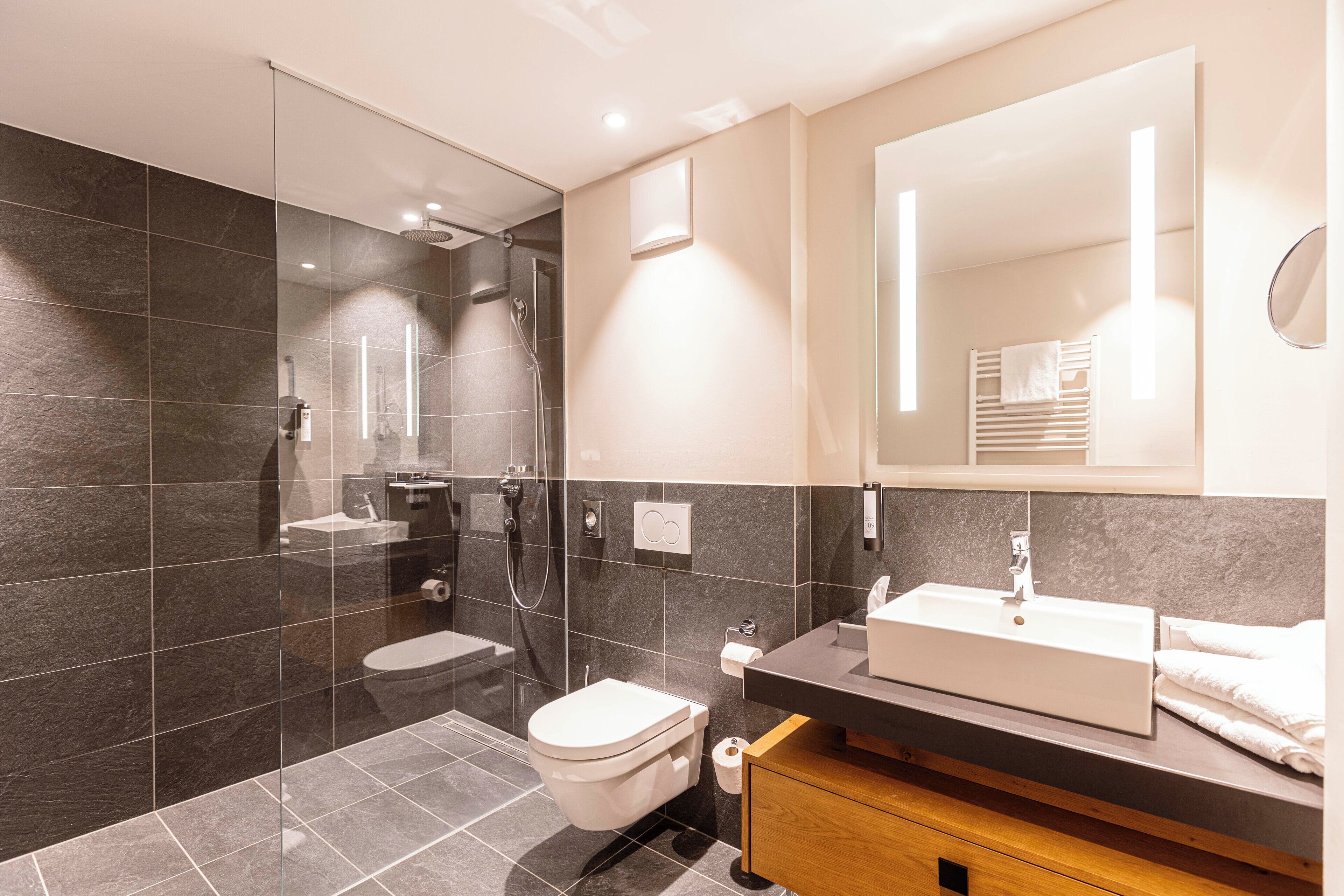 A modern bathroom with a glass-enclosed shower, a white toilet, and a vanity with a sink and mirror.
