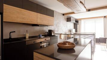 Superior Ferienwohnung mit 3 Schlafzimmern und privater Sauna | Private kitchen | Full-size fridge, oven, stovetop, dishwasher