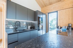 Penthouse # 3c mit Sauna und Aussenbadewanne | Private kitchen | Full-size fridge, microwave, stovetop, dishwasher