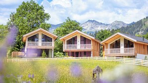Three wooden cabins with balconies, set in a meadow with mountains in the background. - Alpenchalets Biberwier by ALPS RESORTS (Biberwier)