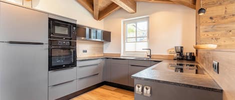Superior Ferienhaus # 2B mit Sauna | Private kitchen | Full-size fridge, microwave, stovetop, dishwasher