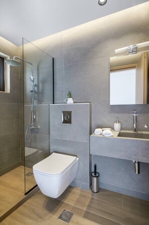 A modern bathroom with a glass shower enclosure, a white toilet, a sink with a mirror, and a small plant on the wall.