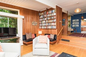 TV, fireplace, books