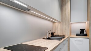 A modern kitchen with a built-in induction cooktop, a stainless steel sink, and a compact refrigerator. - King Apartamenty Galaxy (Szczecin)