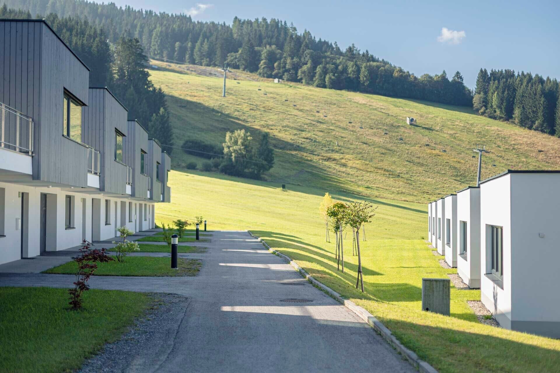 A modern building with a paved driveway leading to a grassy area.