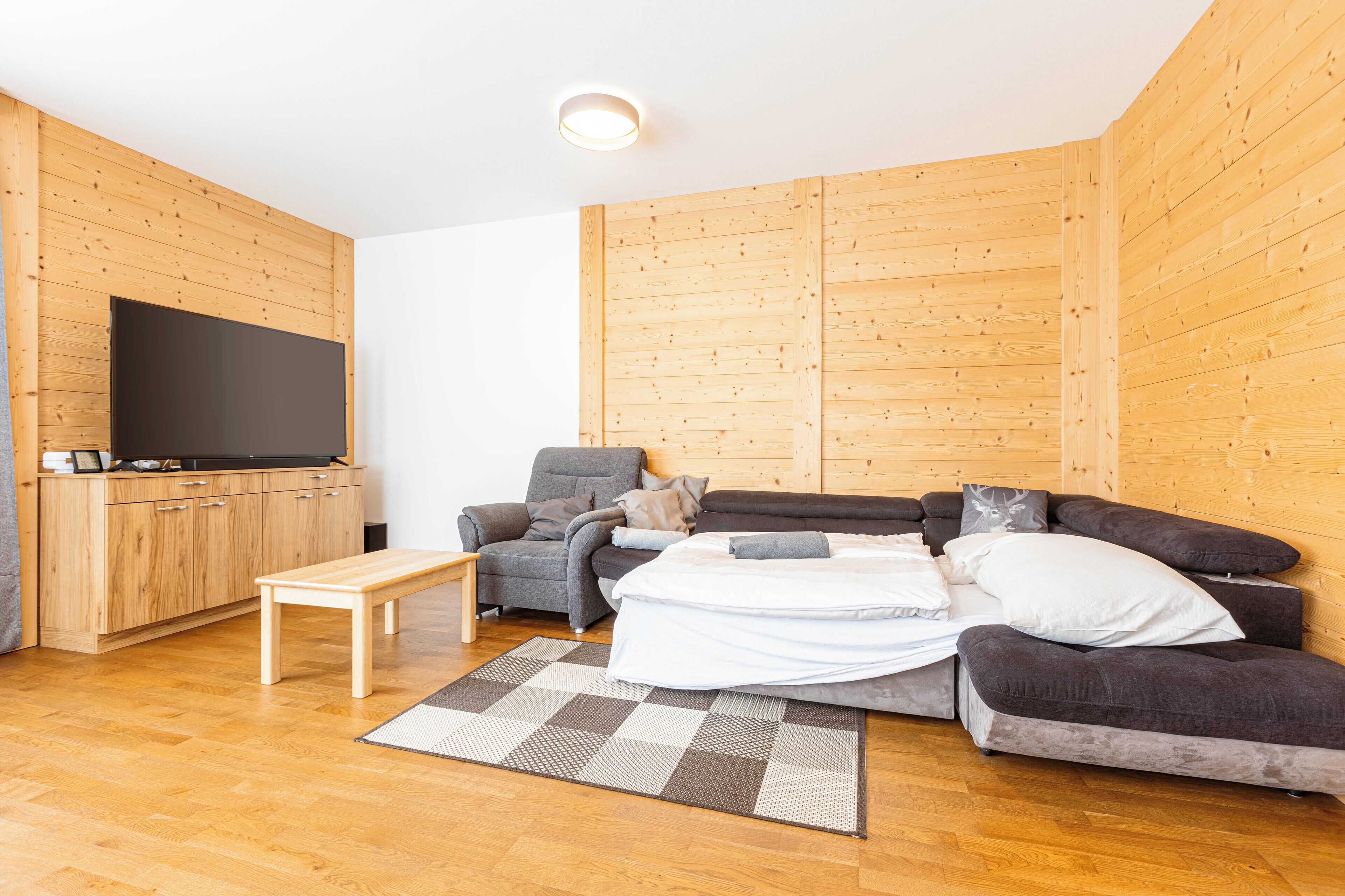 A modern living room with wooden panel walls, a flat-screen TV, a grey sofa, a small table, and a patterned rug.