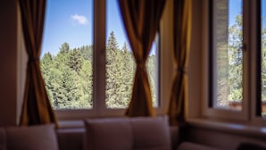A room with a view of a forest through large windows, a sofa, and curtains. - Turrach Suites 410 by ALPS RESORTS (Stadl-Predlitz)
