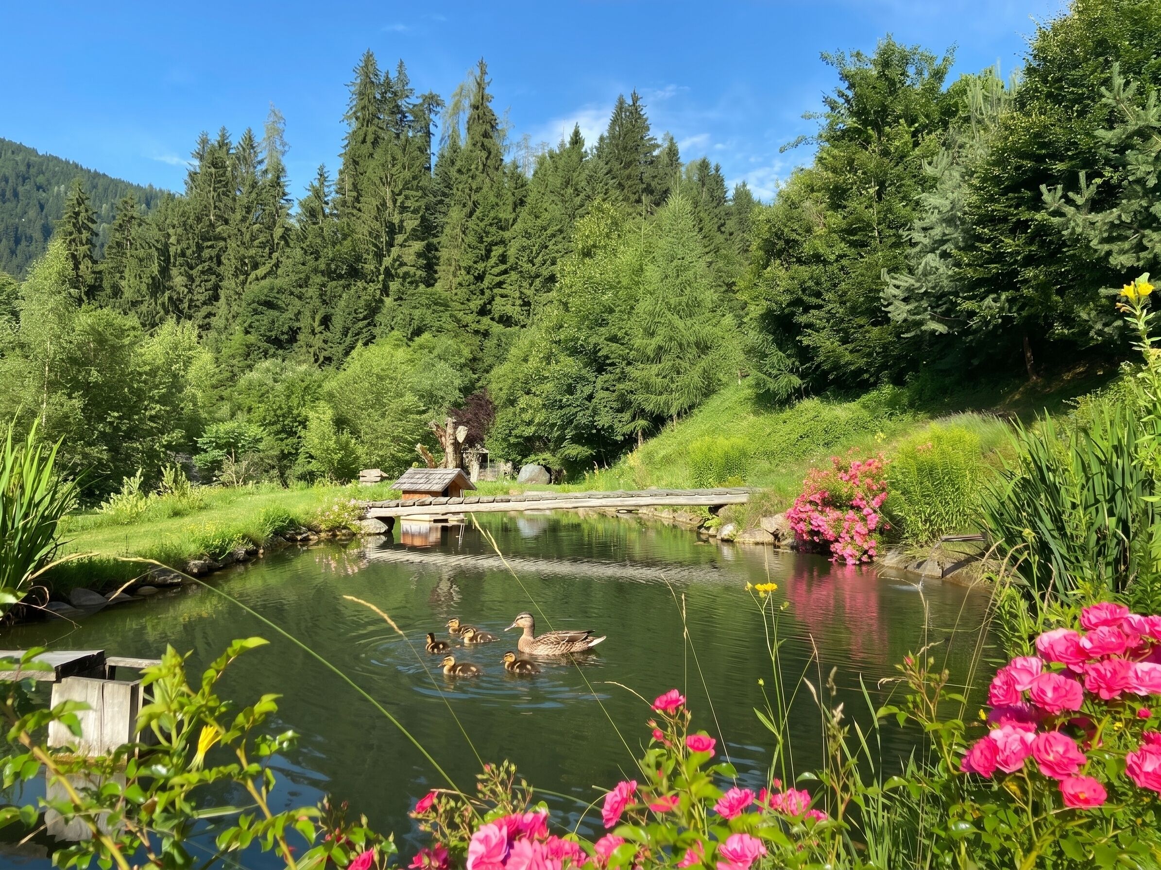 A serene pond with ducks, surrounded by lush greenery and a wooden bridge.