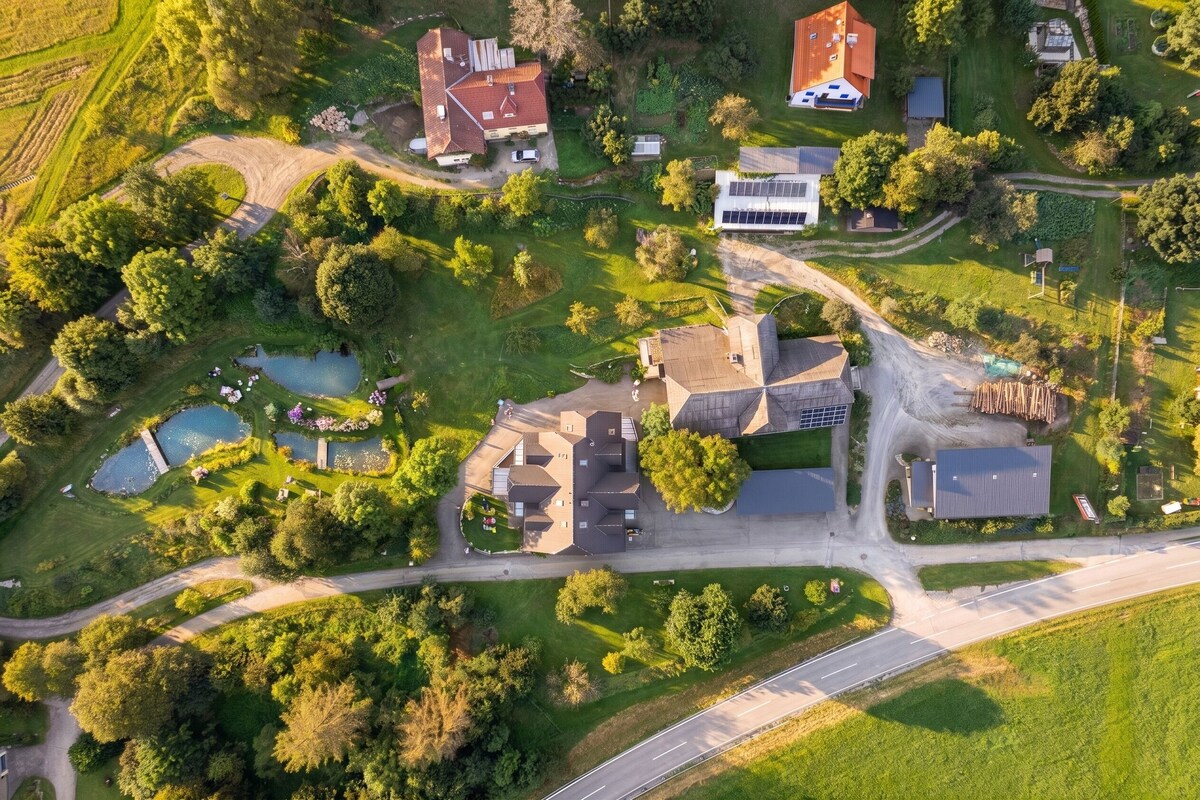 Vista aérea de una zona residencial con varias casas, una carretera y un pequeño estanque.