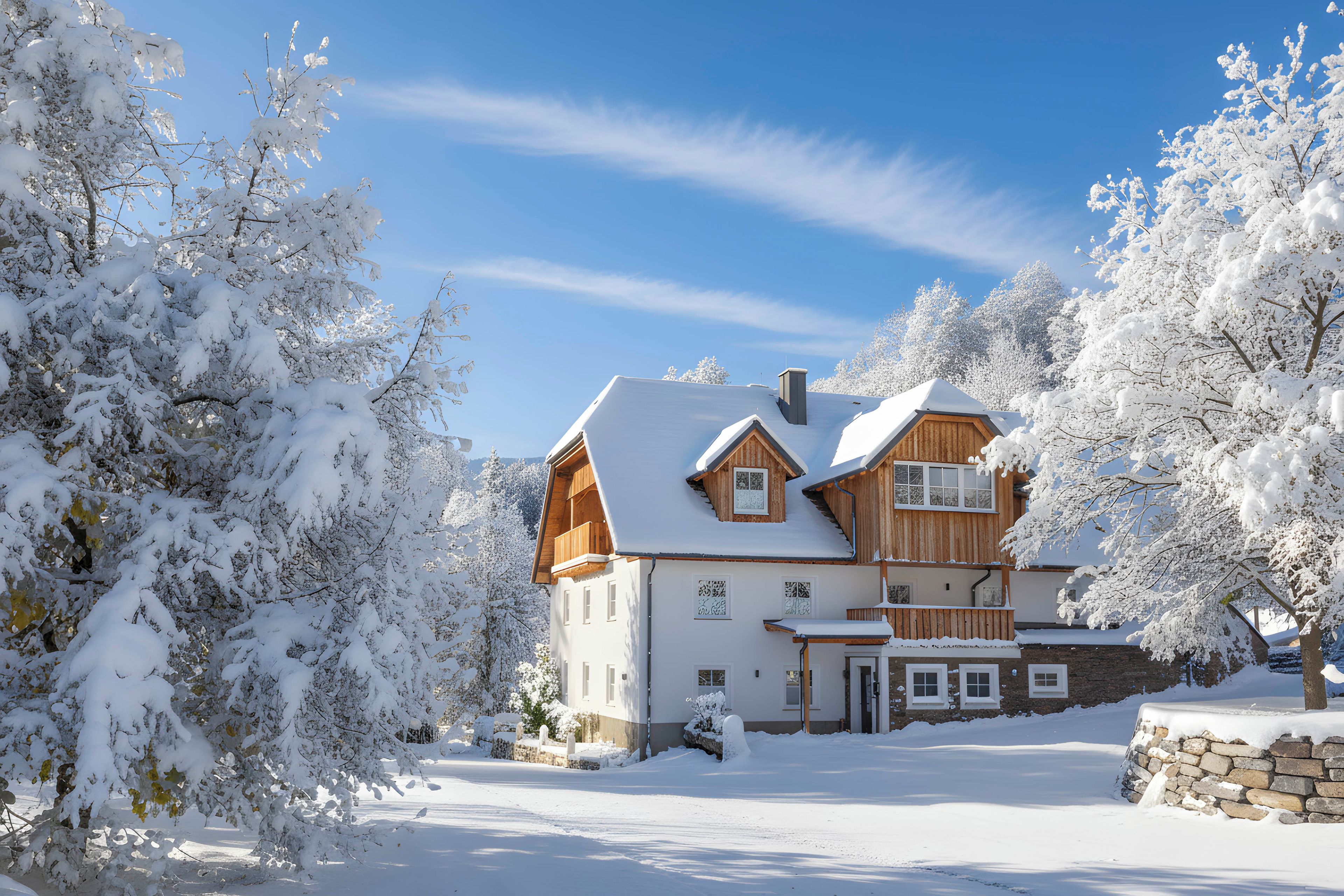 A two-story house with a stone foundation, wooden exterior, and a snow-covered landscape.