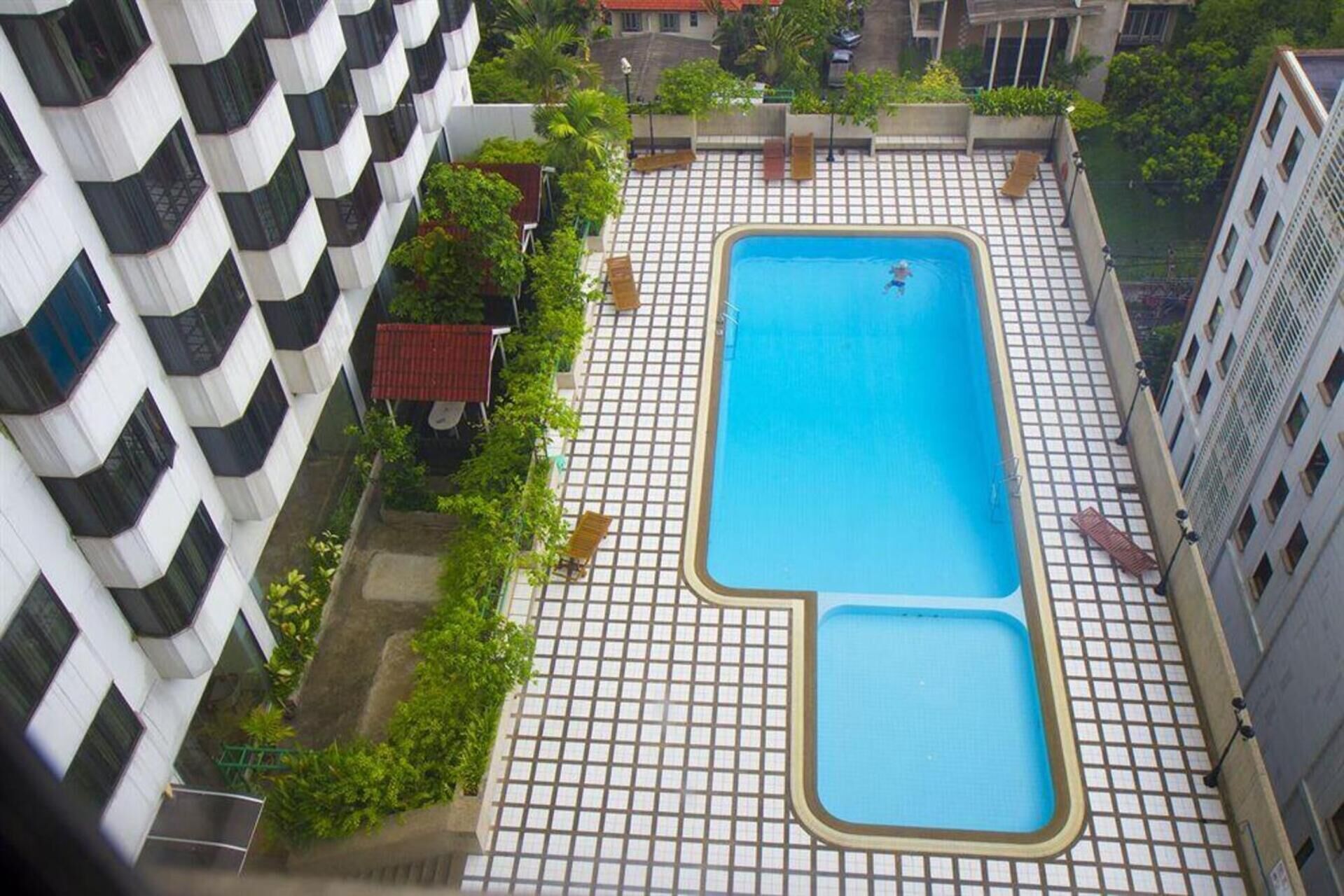 A rooftop pool with a grid floor, surrounded by greenery and adjacent buildings.