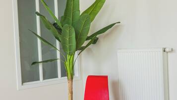 A room with a potted plant, a red chair, and a radiator.