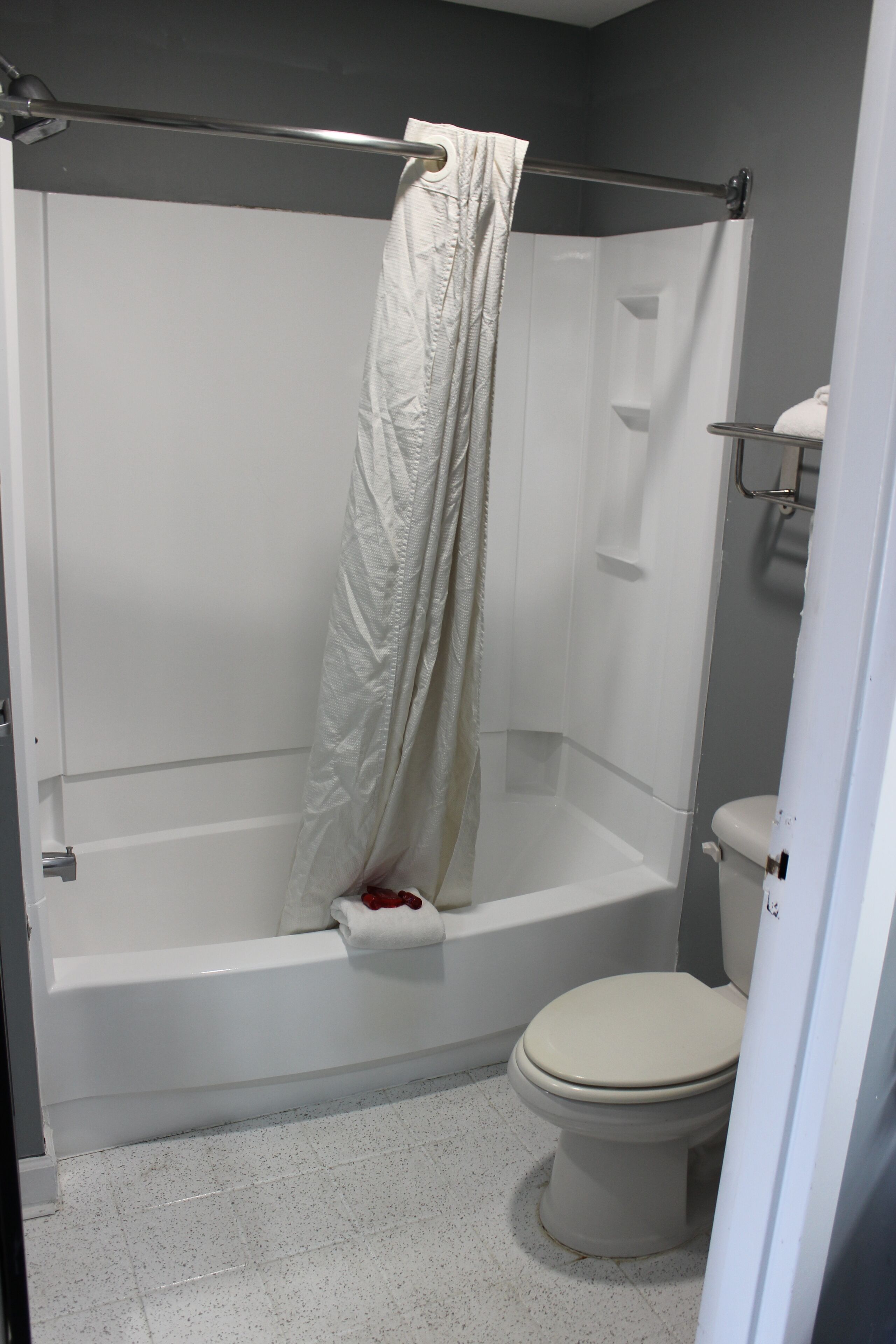 Shower, towels, soap, shampoo