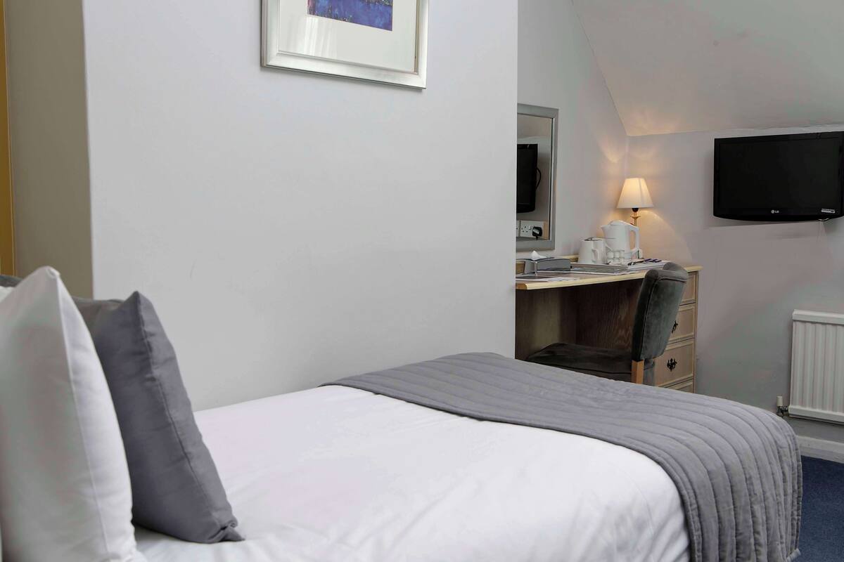 Une chambre d’hôtel équipée d’un lit, d’un bureau, d’une chaise, d’une télévision et d’une lampe.