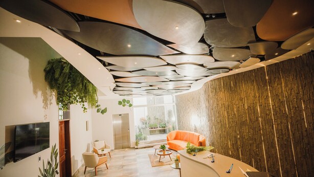 A modern reception area with a curved desk, seating, and a large plant. - Hotel Asiri  (Tarija)