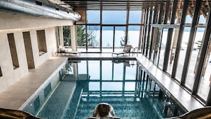 A large indoor swimming pool with a bronze statue in the foreground.