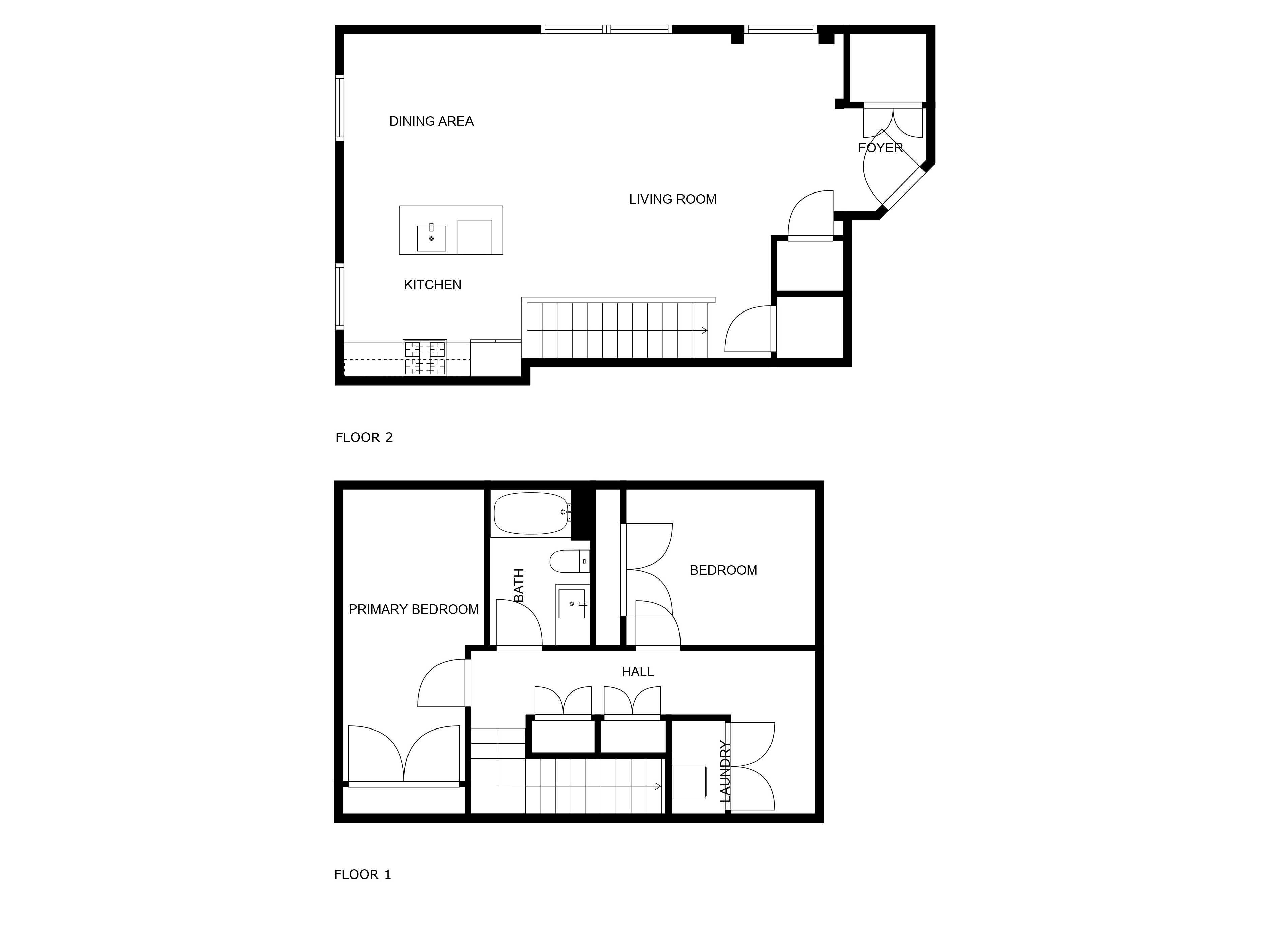 Un espace intérieur aménagé sur deux niveaux, comprenant une salle à manger, une cuisine, un salon, un hall d’entrée, une chambre principale, une salle de bain, un couloir et une buanderie.