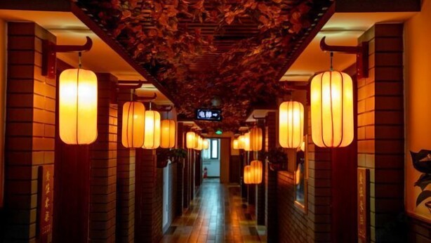 A corridor with hanging lanterns, brick walls, and a ceiling with a leaf pattern.