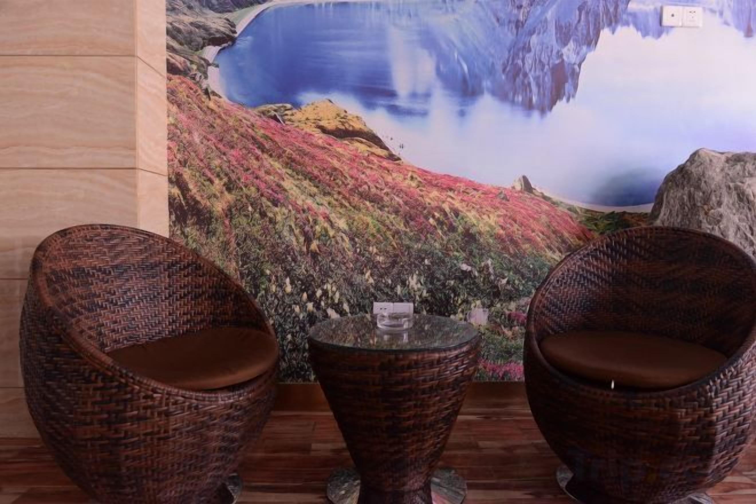 Two wicker chairs and a small table in a room with a mural of a mountainous landscape.