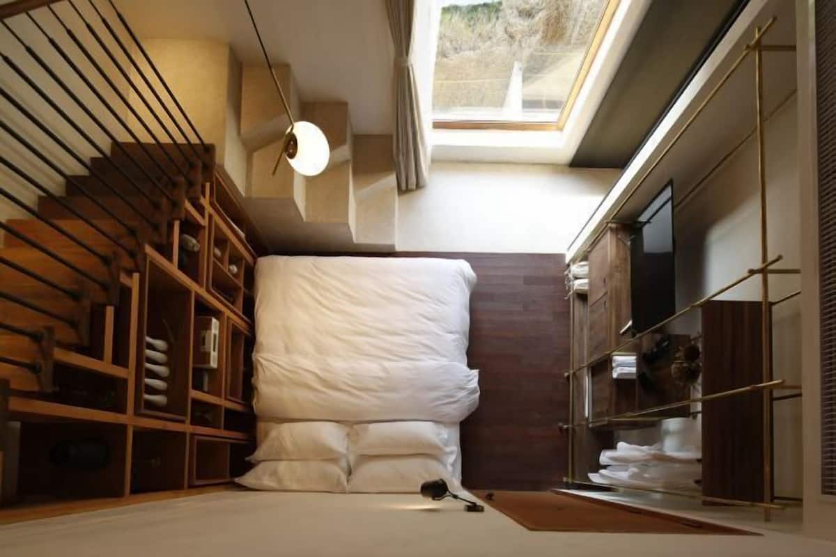 A bedroom with a skylight, a bed, wooden shelving, and a wardrobe.