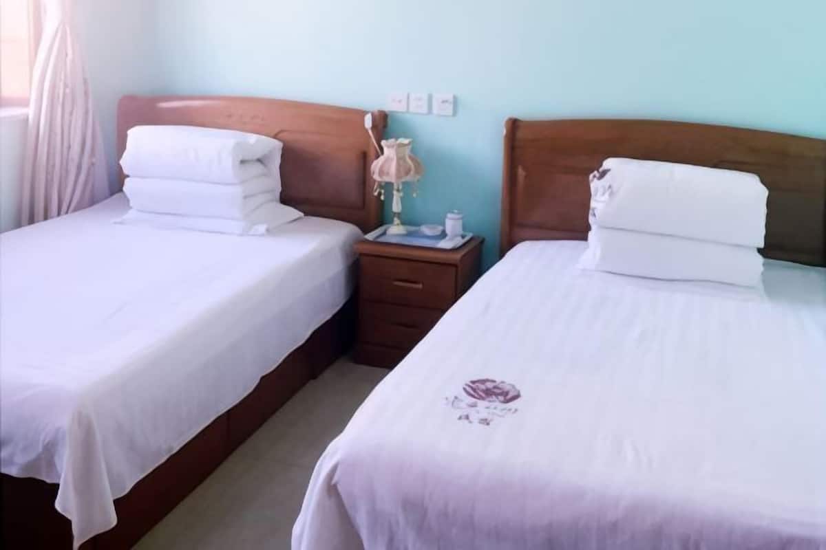 Two single beds with wooden headboards, a nightstand with a lamp, and a wall socket.