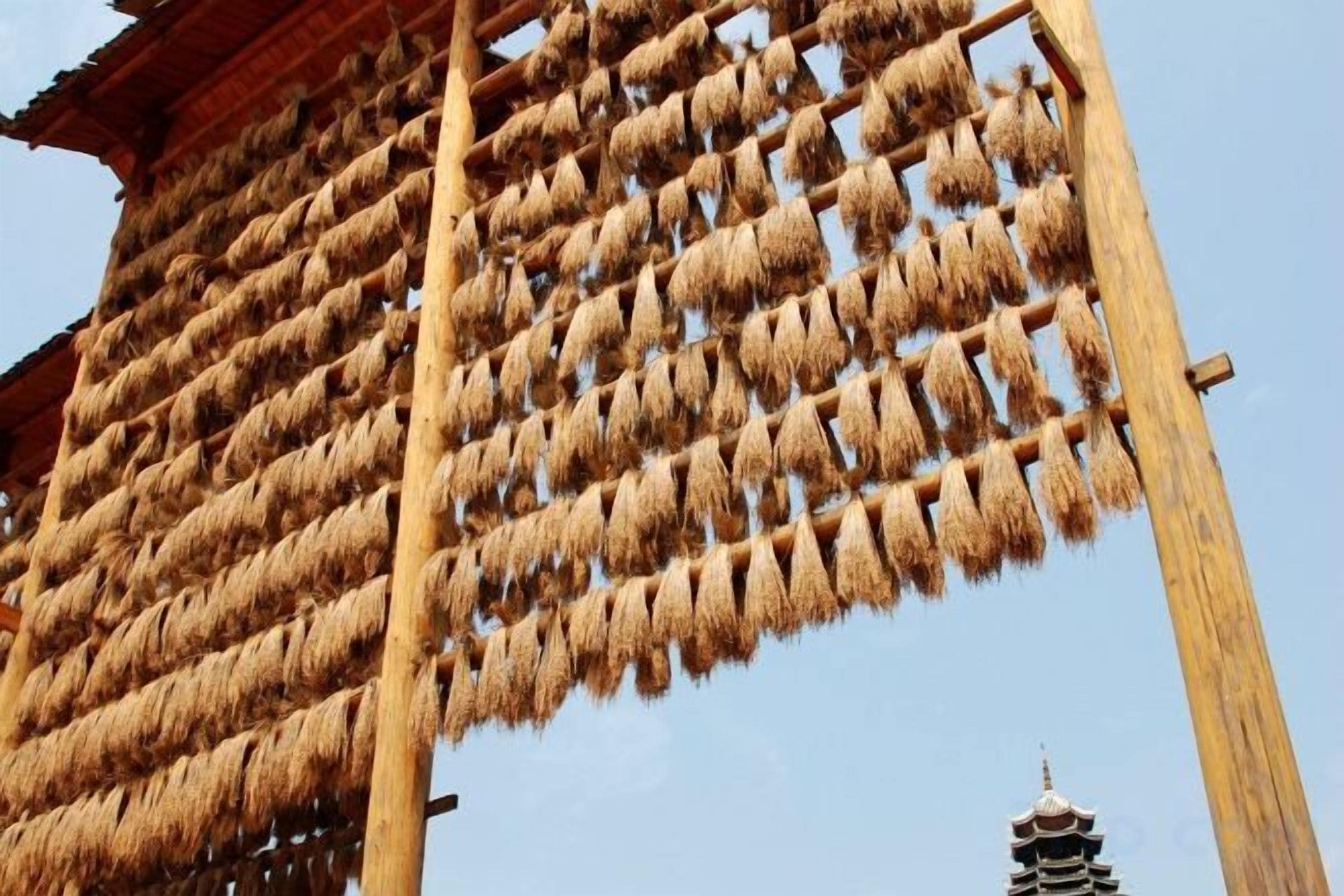 Une structure traditionnelle avec une ossature en bois et des éléments suspendus, probablement utilisée pour le séchage ou le stockage.