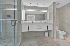 Shower, towels, toilet paper