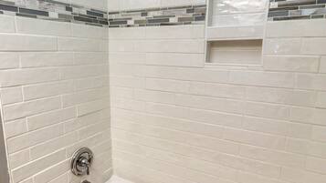 Shower, hair dryer, shampoo