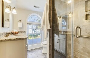 Hair dryer, towels, soap, shampoo