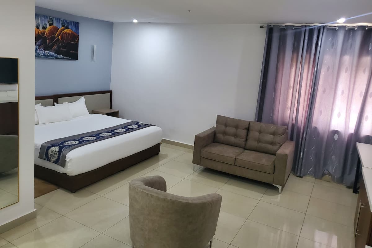 A hotel room with a bed, a sofa, a chair, a painting on the wall, and a curtain.