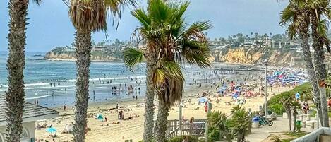 On the beach, sun loungers