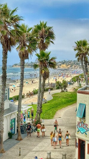 A beachside view with palm trees, a surf club sign, and a pathway leading to the beach. - NEW Steps from Sand with Breathtaking Views @PB (San Diego)