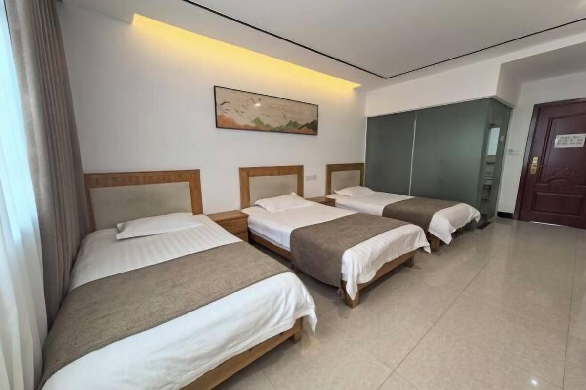 Una habitación de hotel con tres camas individuales, un armario grande y un cuadro en la pared.