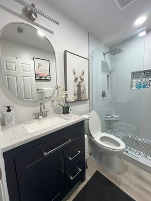 Shower, towels, soap, toilet paper