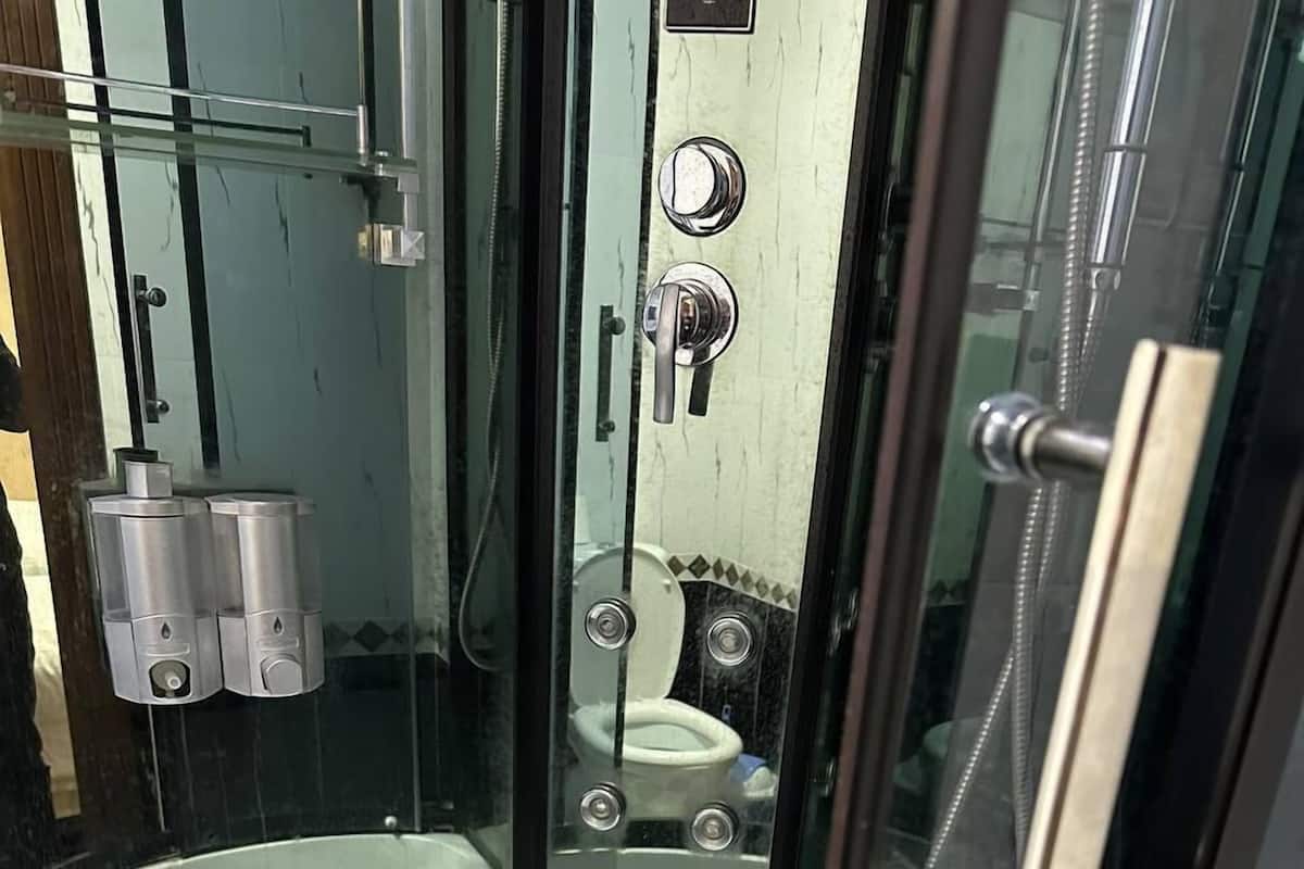 Ducha en esquina con mampara de vidrio, una bañera blanca y un inodoro a la vista a través del vidrio.