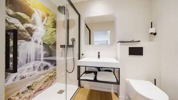 Shower, hair dryer, towels, toilet paper