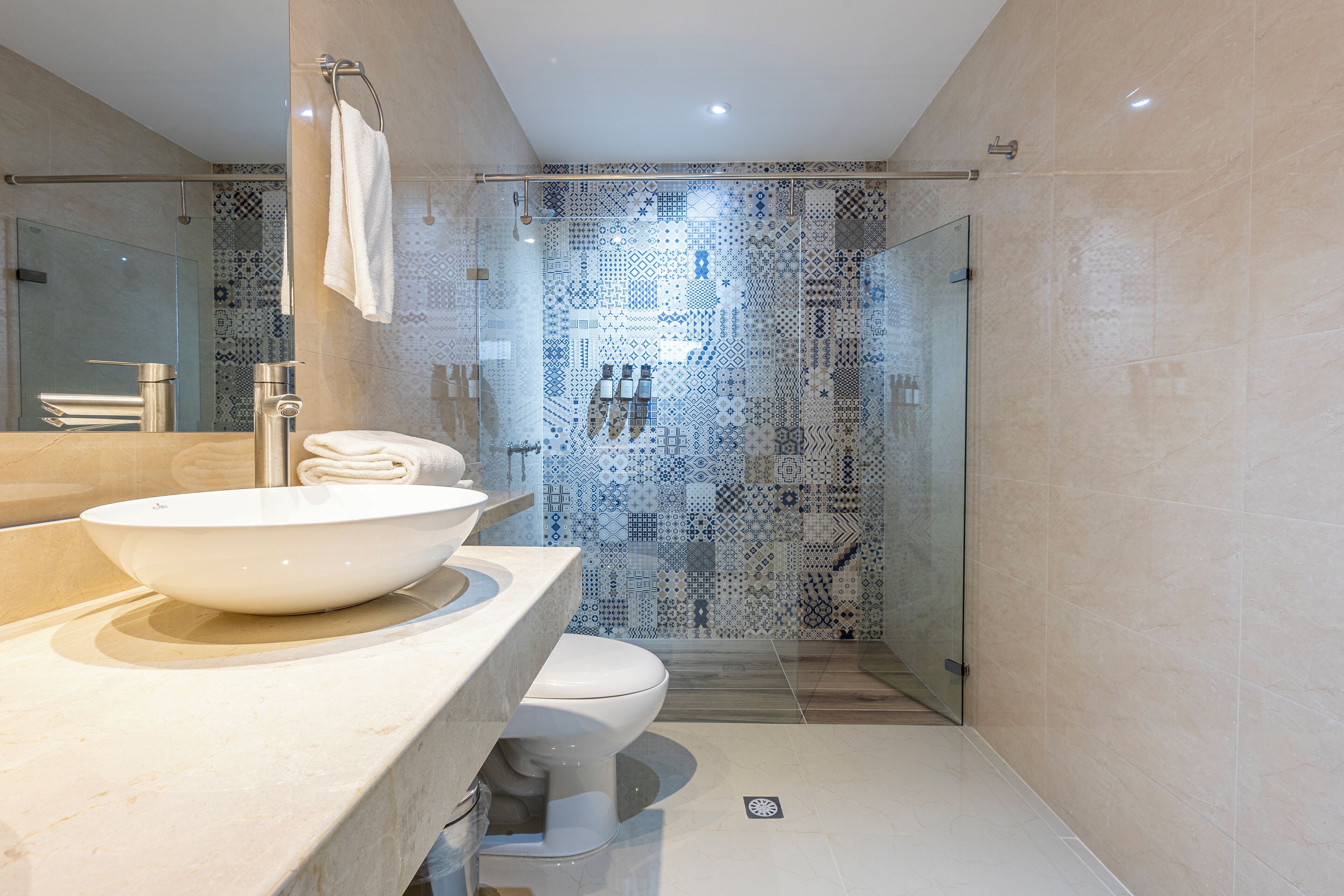 Deluxe appartement | Badkamer | Een douche, handdoeken, zeep, shampoo