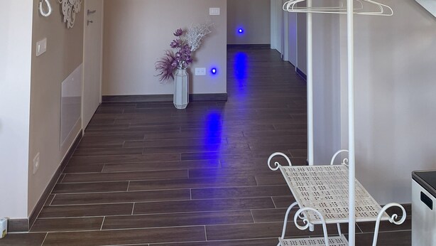 A modern interior with a staircase, a vase with flowers, and a coat rack. - Penthouse 800: elegant and refined apartment located in a historic hamlet (Castiglion Fosco)