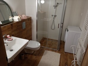 Shower, hair dryer, towels, soap