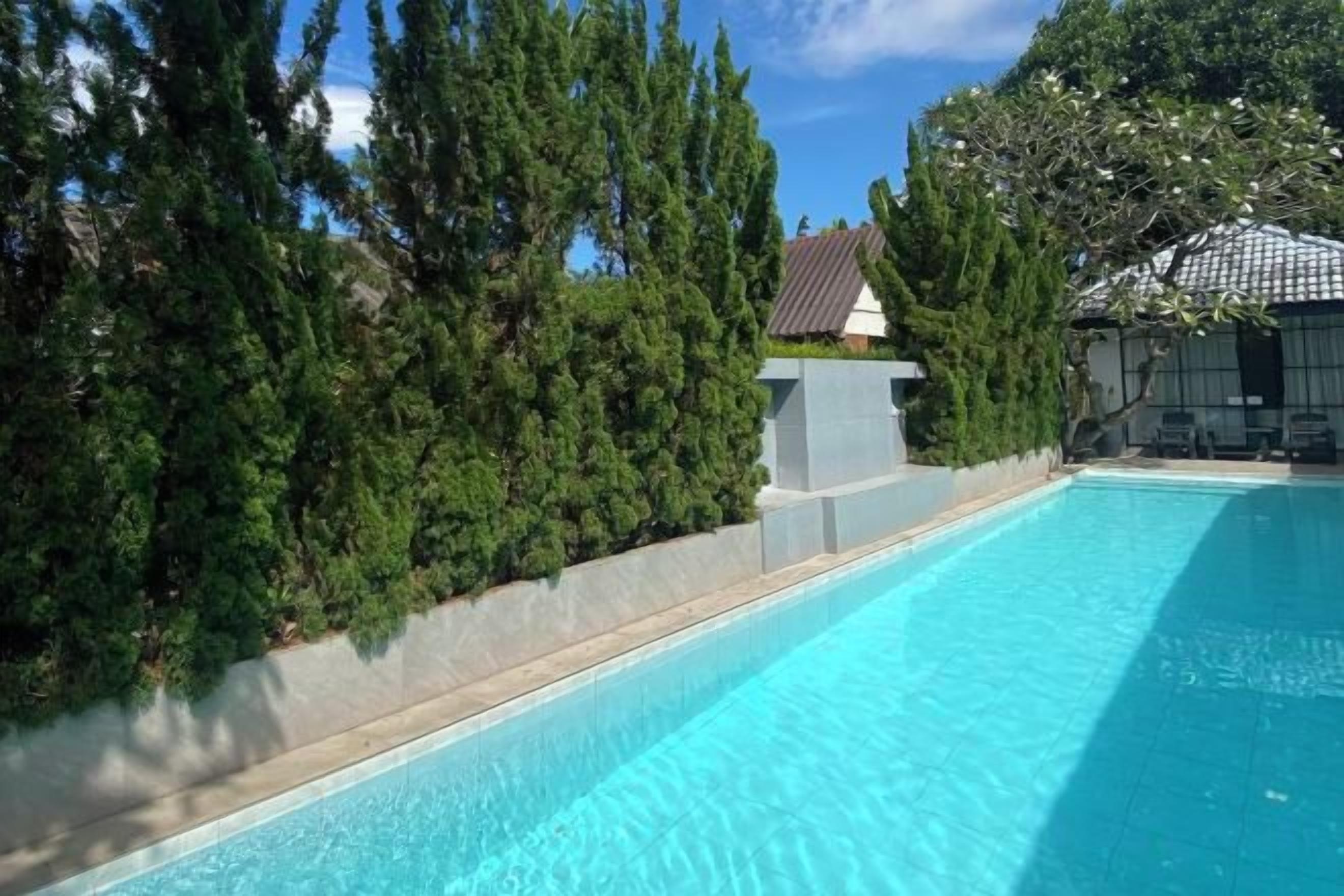 A swimming pool with a clear blue water surface, surrounded by a low stone wall and dense green trees.