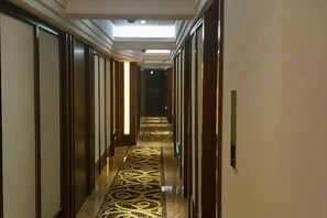 Un pasillo con alfombra estampada, puertas de madera y una lámpara en el techo.
