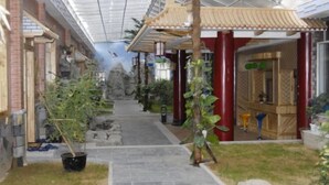 Un pasillo con suelo de baldosas, plantas en macetas y elementos arquitectónicos tradicionales.