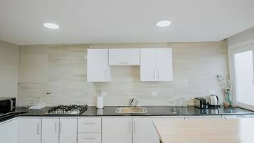 Apartemen Standar | Dapur pribadi | Lemari es kecil, microwave, oven, dan kompor