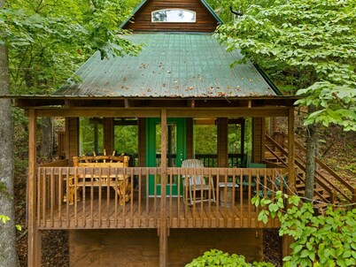 Quaint, heavily forested cabin, mountain valley view.